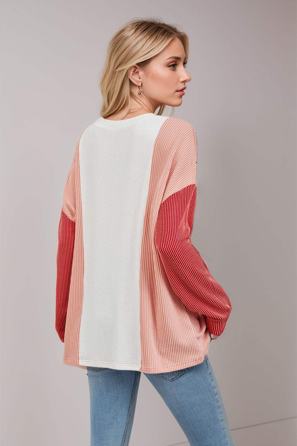 Double Take Texture Contrast Round Neck Long Sleeve T-Shirt - Trendsi - Flyclothing LLC