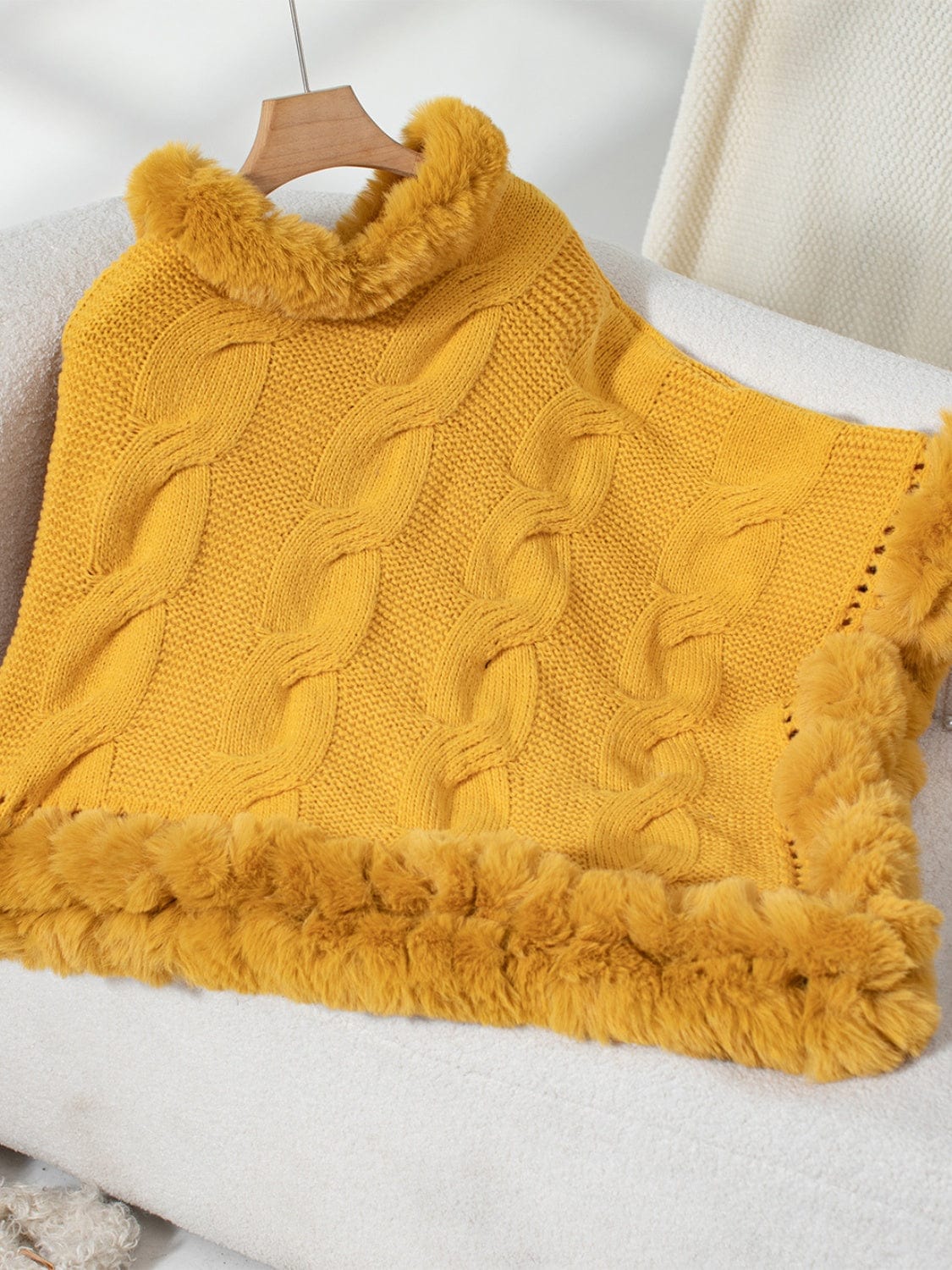 Fuzzy Hem Cable-Knit Poncho - Trendsi