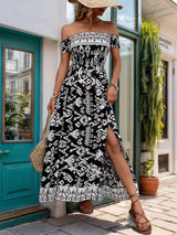 Slit Printed Off-Shoulder Dress - Trendsi - Flyclothing LLC