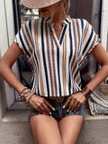 Striped Notched Short Sleeve Shirt - Trendsi - Flyclothing LLC