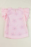 Ruffled Flower Printed Round Neck Cap Sleeve Blouse - Trendsi - Flyclothing LLC