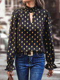 Cutout Printed Mock Neck Flounce Sleeve Blouse - Trendsi