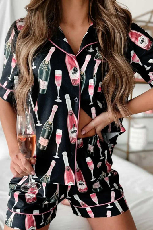 Champagne Print Short Sleeve Top and Shorts Set - Trendsi - Flyclothing LLC