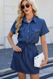 Drawstring Collared Neck Short Sleeve Denim Dress - Trendsi - Flyclothing LLC