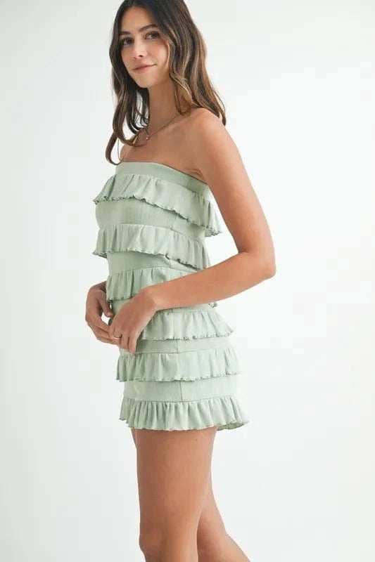 MABLE Pointelle Knit Fabric Ruffled Tube Romper - Trendsi - Flyclothing LLC
