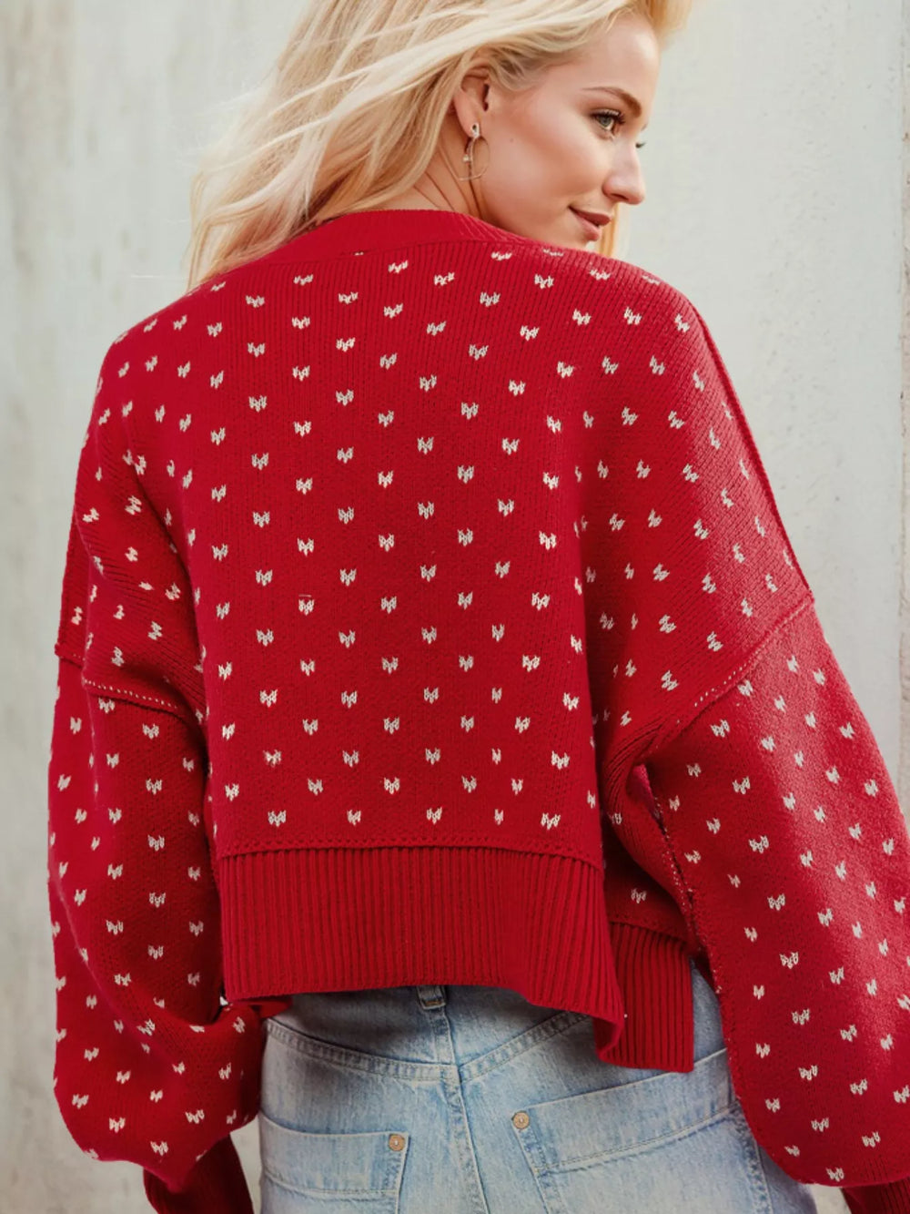 Heart-Patterned Round Neck Sweater - Trendsi - Flyclothing LLC