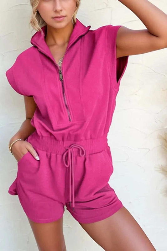 Textured Short Sleeve Half Zip Drawstring Waist Romper - Trendsi - Flyclothing LLC