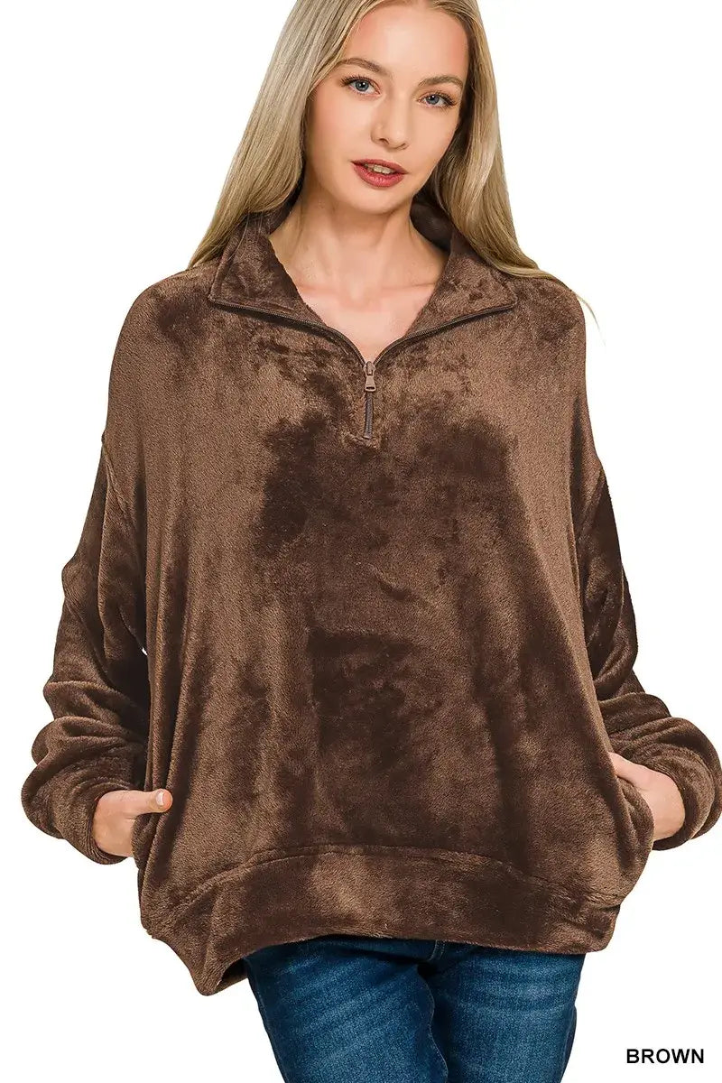 Zenana Faux Fur Half Zip Pocket Pullover - Trendsi - Flyclothing LLC