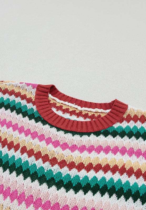 Contrast Round Neck Short Sleeve Sweater - Trendsi - Flyclothing LLC