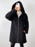 Zip Up Long Sleeve Sherpa Hooded Coat - Trendsi