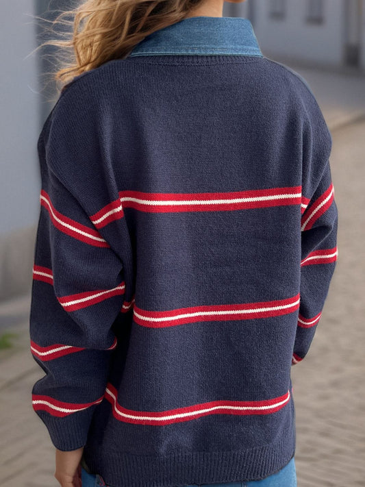 Contrast Stripes Round Neck Long Sleeve Sweater - Trendsi