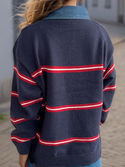 Contrast Stripes Round Neck Long Sleeve Sweater - Trendsi