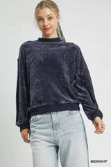 Umgee Velour Crewneck Balloon Sleeve Sweatshirt - Trendsi - Flyclothing LLC