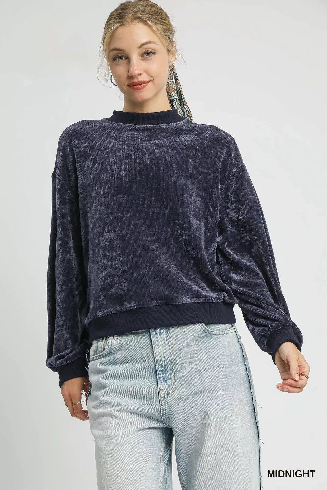 Umgee Velour Crewneck Balloon Sleeve Sweatshirt - Trendsi - Flyclothing LLC