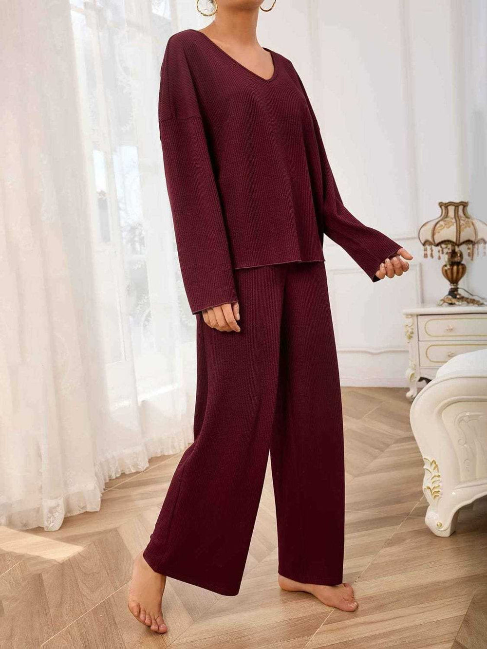 V-Neck Long Sleeve Top and Wide Leg Pants Set - Trendsi - Flyclothing LLC