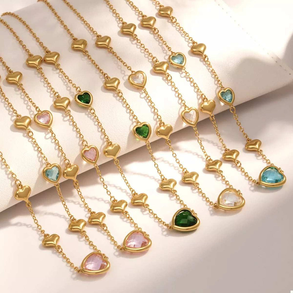 18K Gold-Plated Heart Necklace with Glass Stone - Trendsi - Flyclothing LLC
