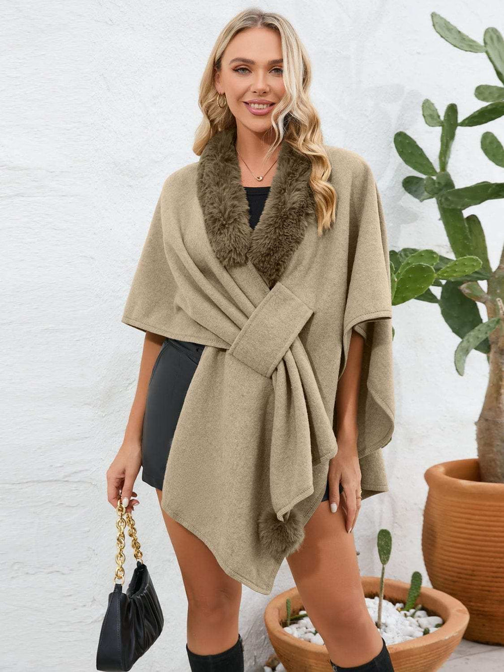 Fuzzy Trim Open Front Poncho - Trendsi - Flyclothing LLC