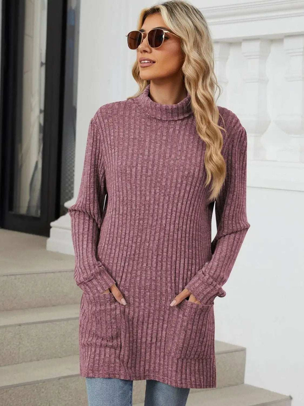 Ribbed Mock Neck Long Sleeve T-Shirt - Trendsi - Flyclothing LLC