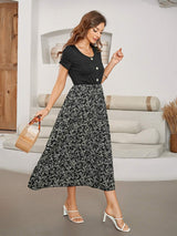 Printed Round Neck Short Sleeve Midi Dress - Trendsi - Flyclothing LLC