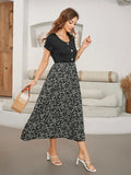 Printed Round Neck Short Sleeve Midi Dress - Trendsi