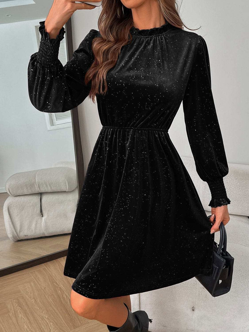 Glitter Mock Neck Long Sleeve Mini Dress - Trendsi - Flyclothing LLC