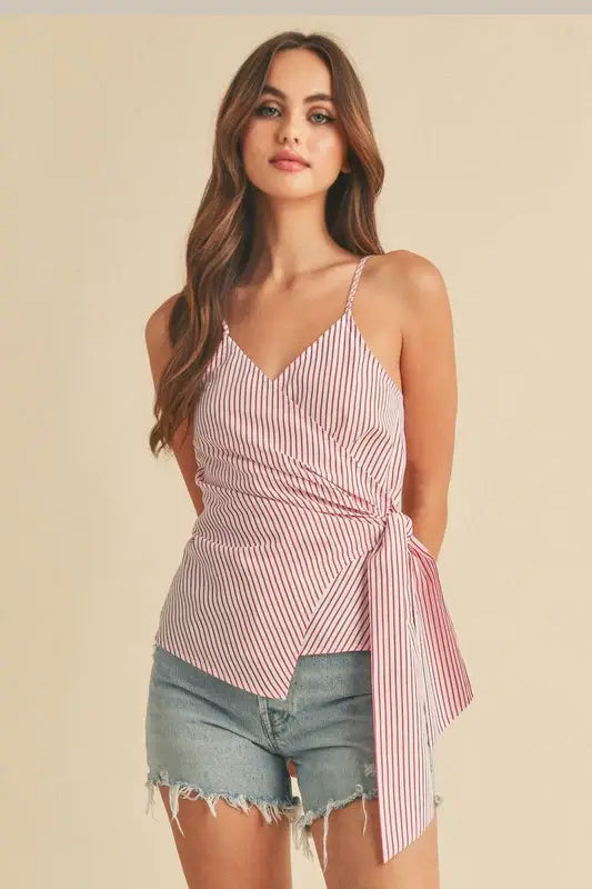 Aemi + Co Side Knotted Surplice Striped Cami - Trendsi - Flyclothing LLC