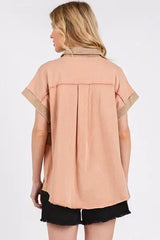 Mittoshop Mineral Washed Half Button Polo Top - Trendsi - Flyclothing LLC