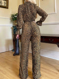 Leopard Flounce Sleeve Wide Leg Jumpsuit - Trendsi