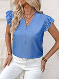 Ruffled Notched Cap Sleeve Blouse - Trendsi - Flyclothing LLC
