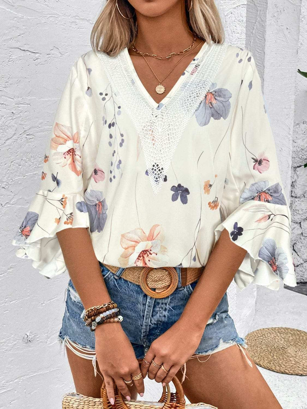 Ruffled Printed V-Neck Half Sleeve Blouse - Trendsi - Flyclothing LLC