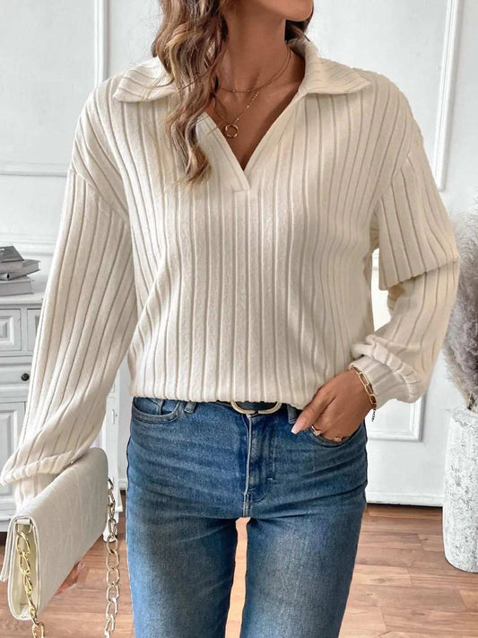 Ribbed Johnny Collar Long Sleeve T-Shirt - Trendsi - Flyclothing LLC