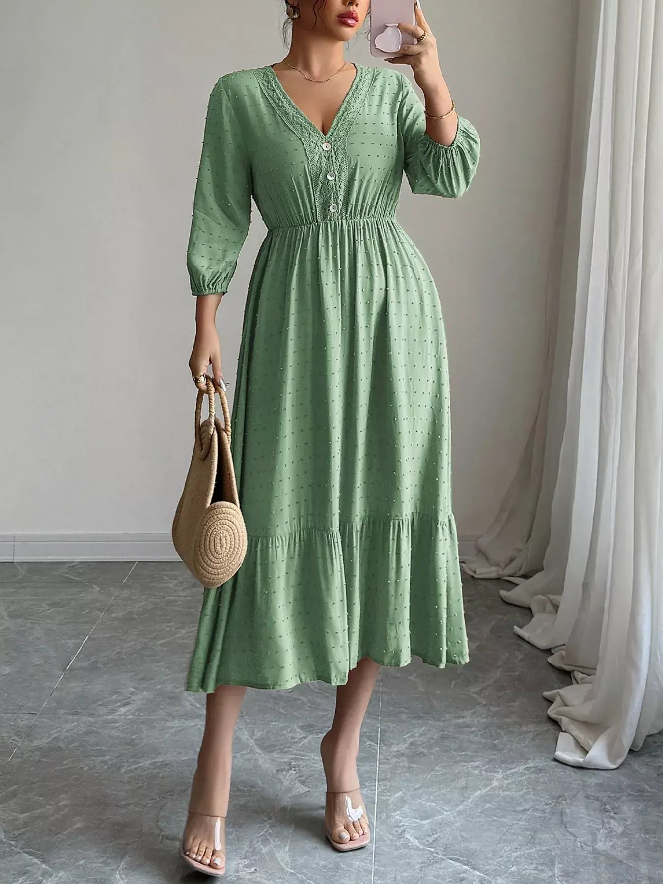 Swiss Dot Ruffle Hem Midi Dress - Trendsi - Flyclothing LLC