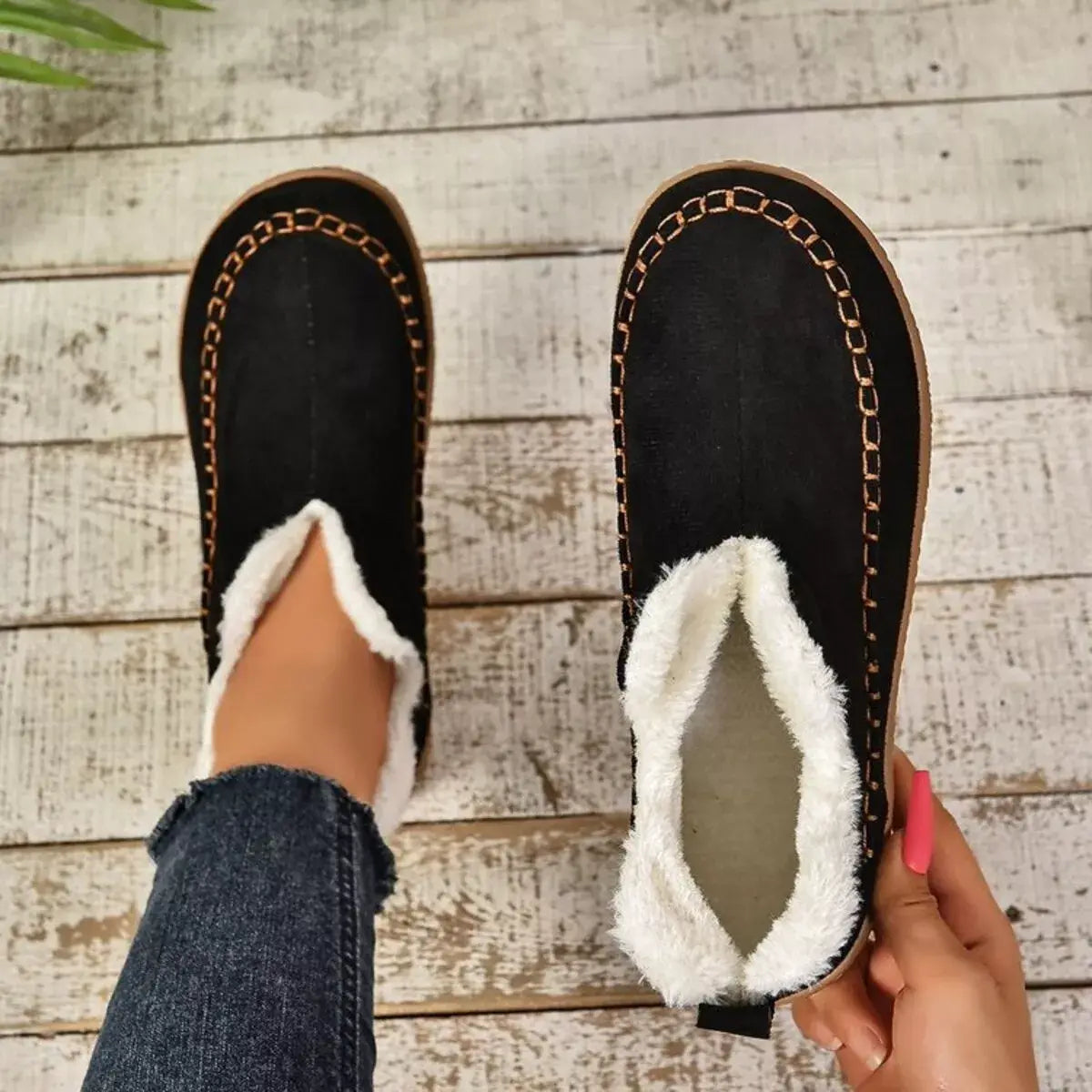 Round Toe Sherpa-Lined Slip-Ons - Trendsi - Flyclothing LLC