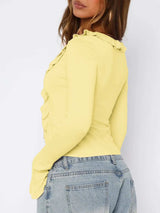 Ruffled Tie Front Flare Sleeve Shirt - Trendsi - Flyclothing LLC