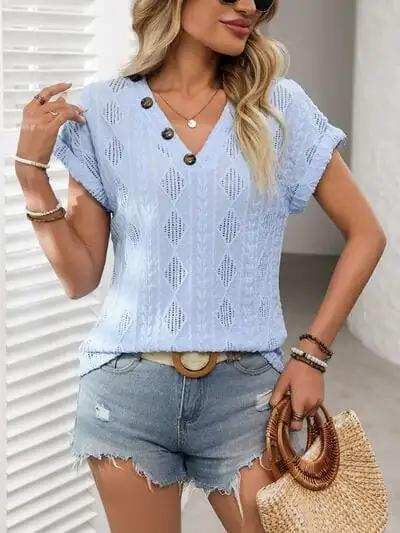 Openwork V-Neck Short Sleeve T-Shirt - Trendsi - Flyclothing LLC