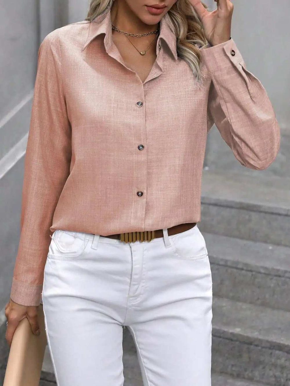 Button Up Collared Neck Long Sleeve Shirt - Trendsi - Flyclothing LLC
