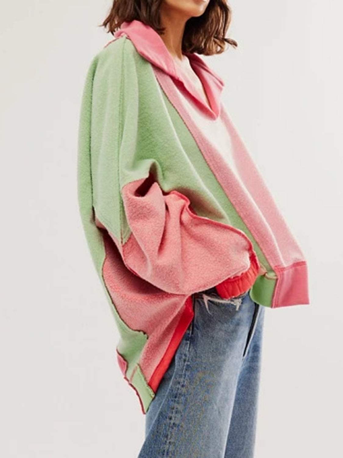 High-Low Exposed Seam Contrast Long Sleeve Sweatshirt - Trendsi - Flyclothing LLC
