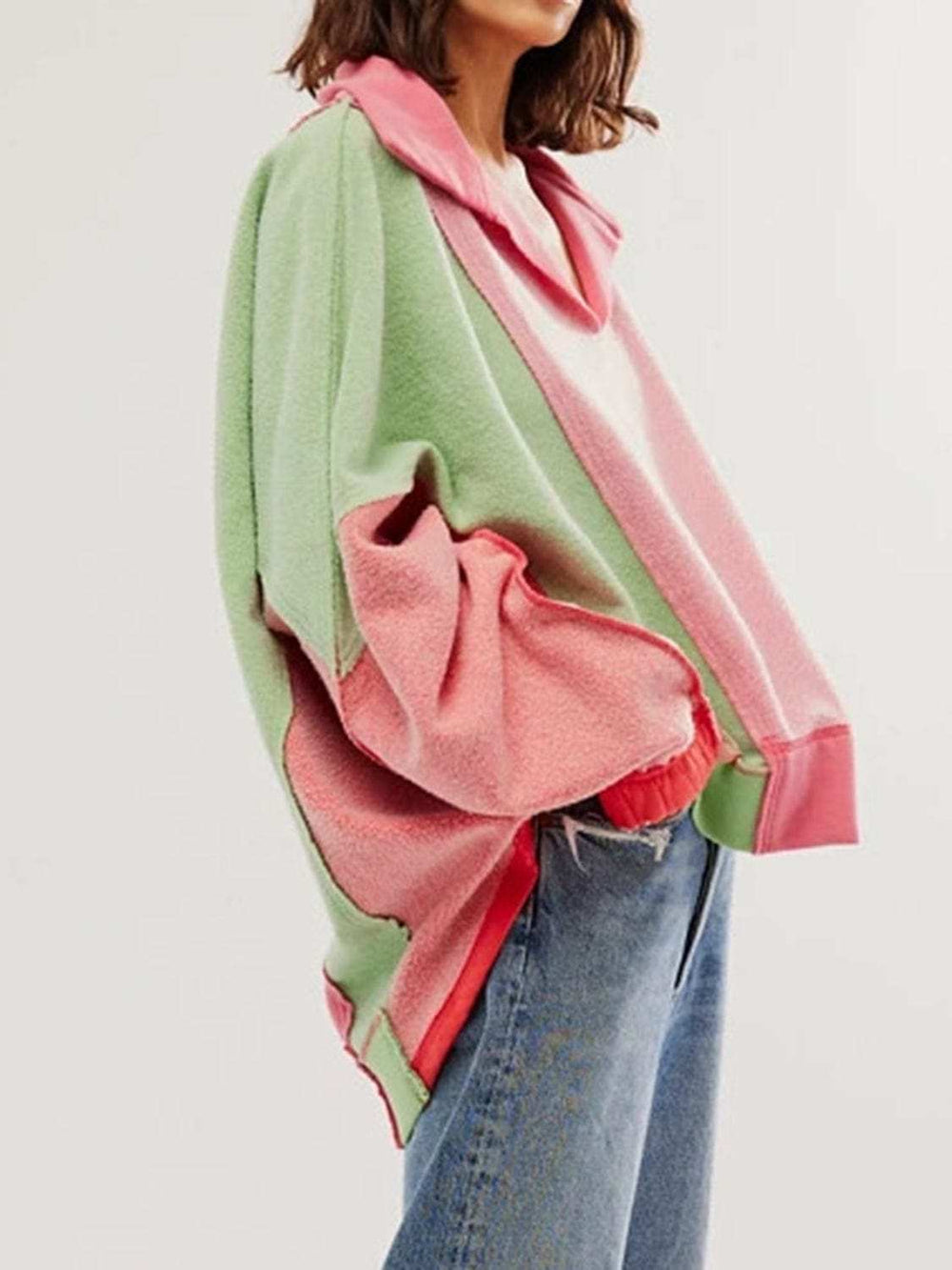 High-Low Exposed Seam Contrast Long Sleeve Sweatshirt - Trendsi - Flyclothing LLC