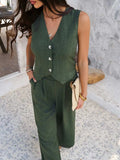 Devine Button Down Vest and Wide Leg Pants Set - Trendsi - Flyclothing LLC