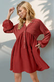 Double Take Waffle-Knit Contrast Half Button V-Neck Long Sleeve Mini Dress - Trendsi