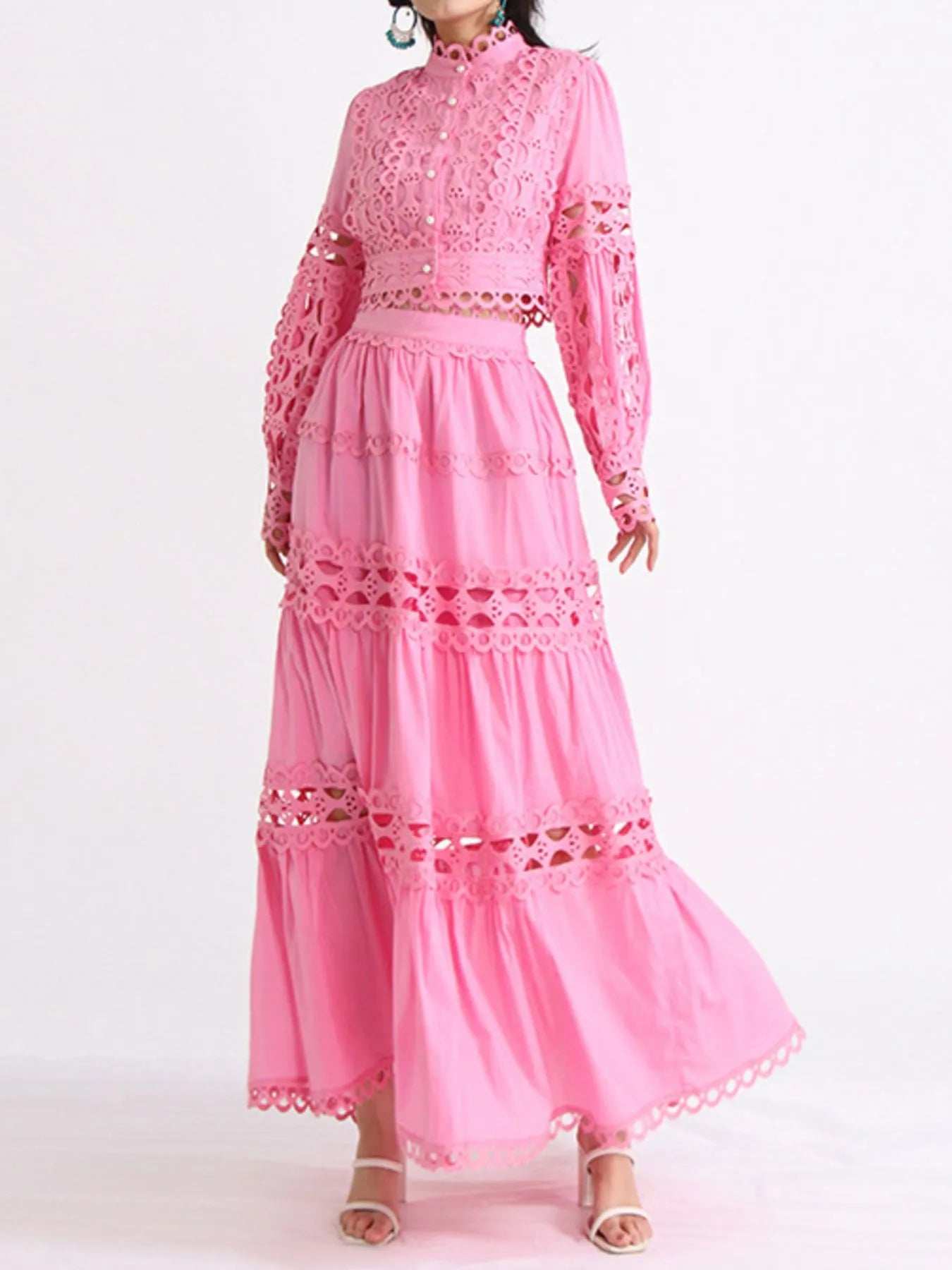 Lace Button Up Long Sleeve Top and Skirt Set - Trendsi - Flyclothing LLC