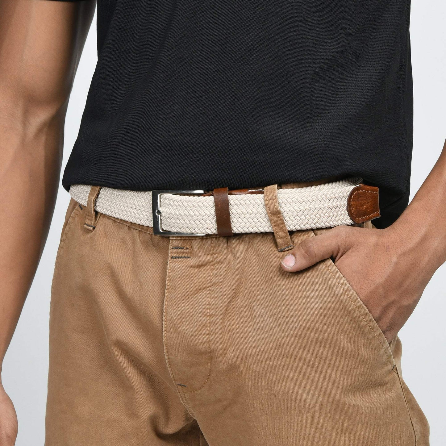 Cream & Brown Braided Canvas Leather Belt - Classy Leather Bags - Flyclothing LLC