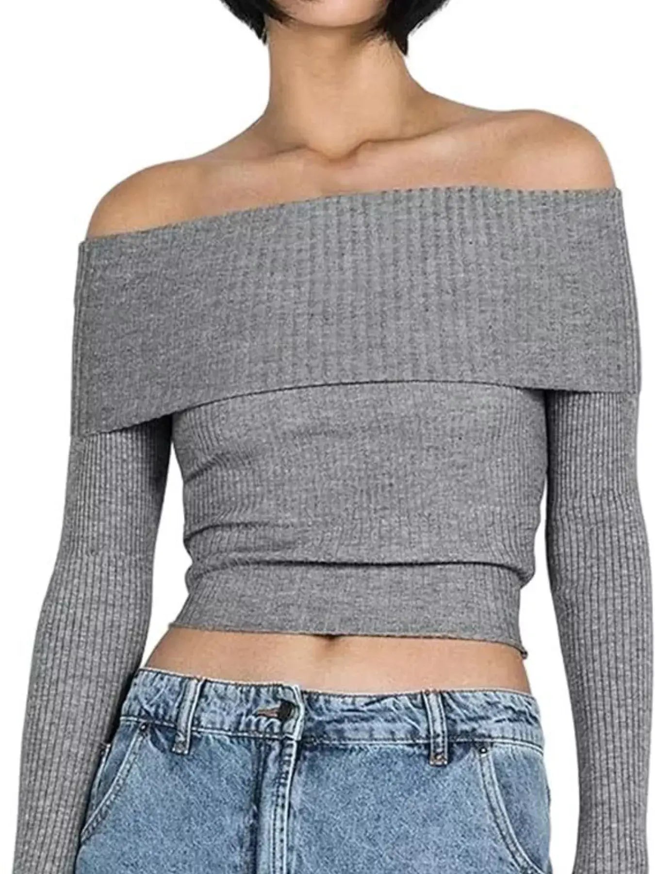 Off-Shoulder Ribbed Knit Sweater - Trendsi - Flyclothing LLC