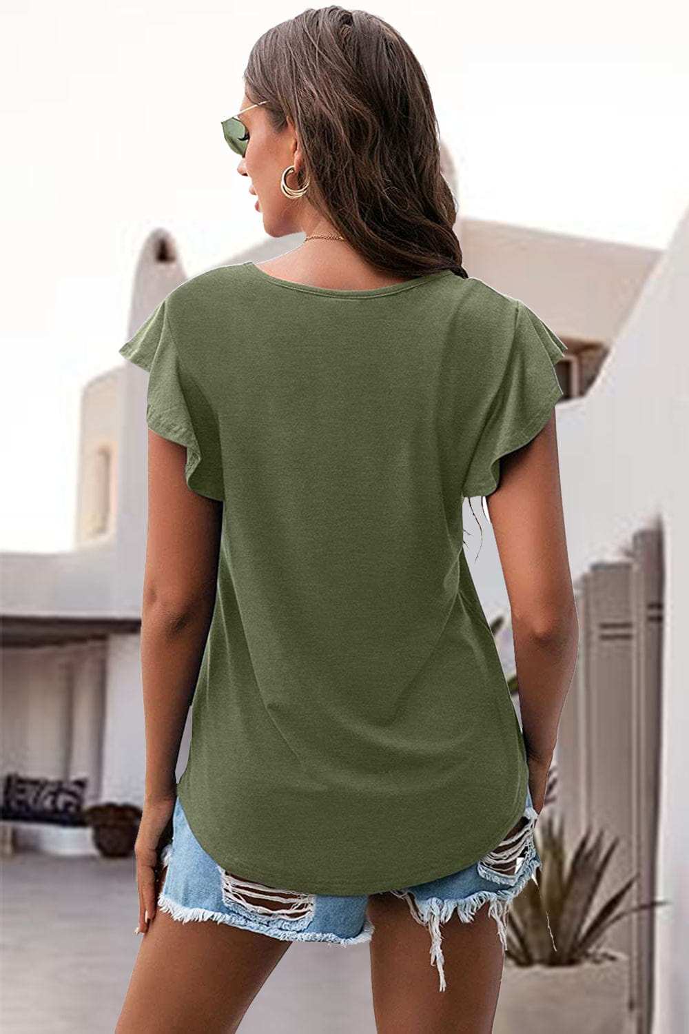 Ruffled Round Neck Cap Sleeve Blouse - Trendsi - Flyclothing LLC