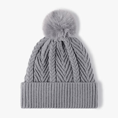 Cable Knit Solid Color Hat with Pompom - Trendsi