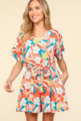 Haptics Tropical Floral Short Sleeve Tied Romper - Trendsi