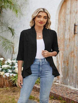 Eyelet Open Front Three-Quarter Sleeve Top - Trendsi - Flyclothing LLC