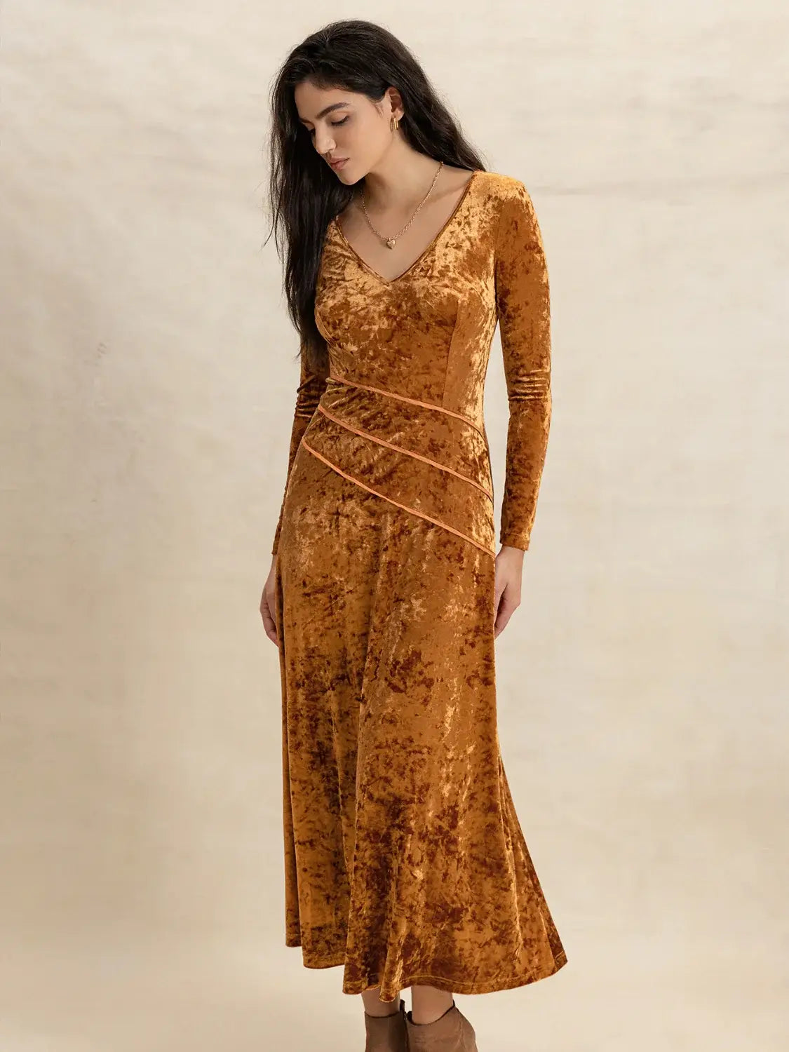 V-Neck Long Sleeve Midi Dress - Trendsi - Flyclothing LLC