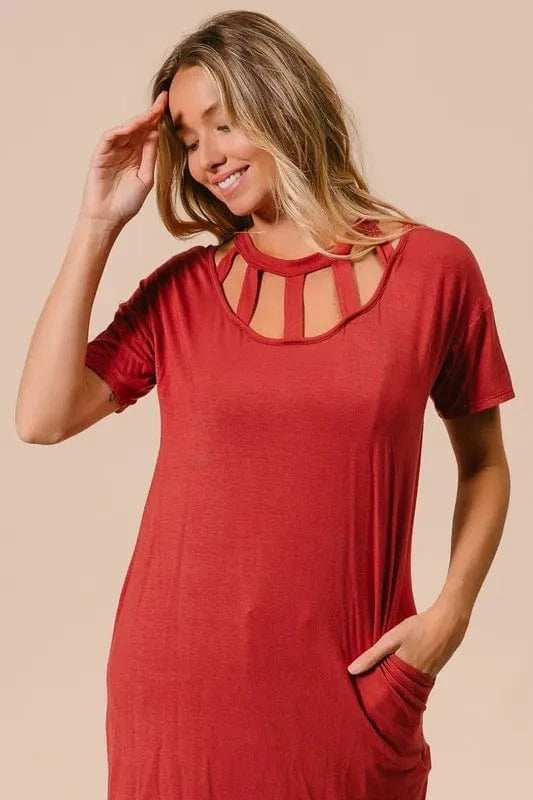 BiBi Front Cutout Mini Tee Dress with Pockets - Trendsi - Flyclothing LLC