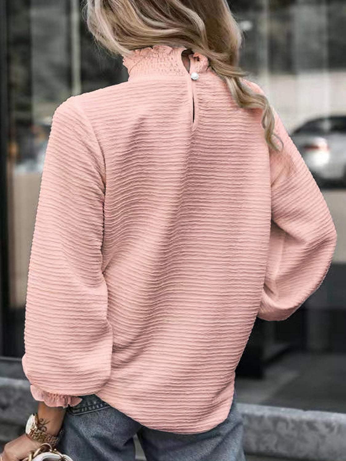 Smocked Frill Mock Neck Long Sleeve Blouse - Trendsi - Flyclothing LLC